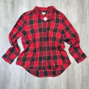 Women’s NWT Holiday Red Plaid Cotton Blend Button Down Long Sleeve Shirt XXL